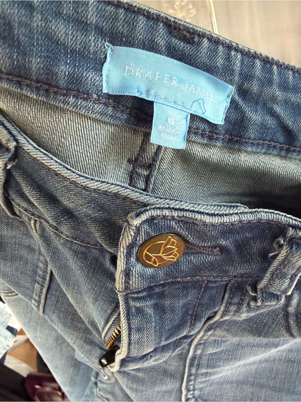 Draper James Faded Blue Denim Jeans with Gold Button